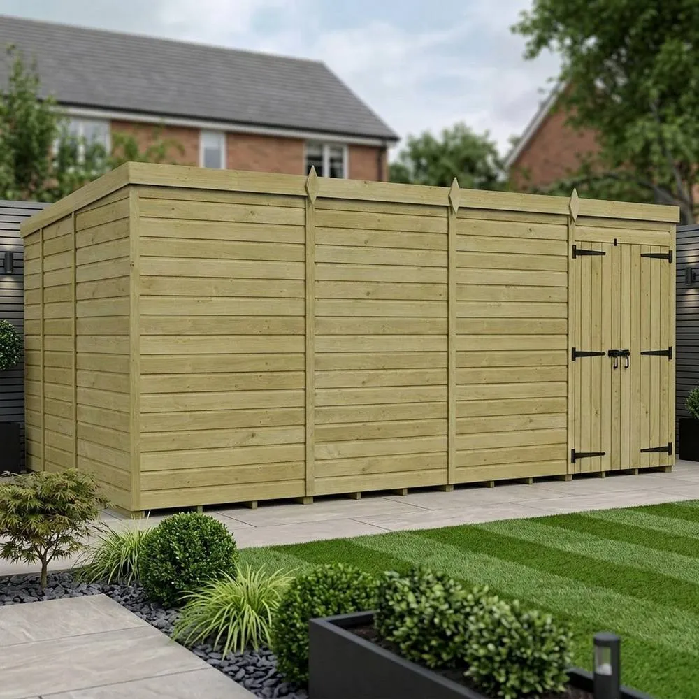Buttercup Farm 16ft x 9ft Pent Garden Shed Double Door No Windows - Timber in Brown 2