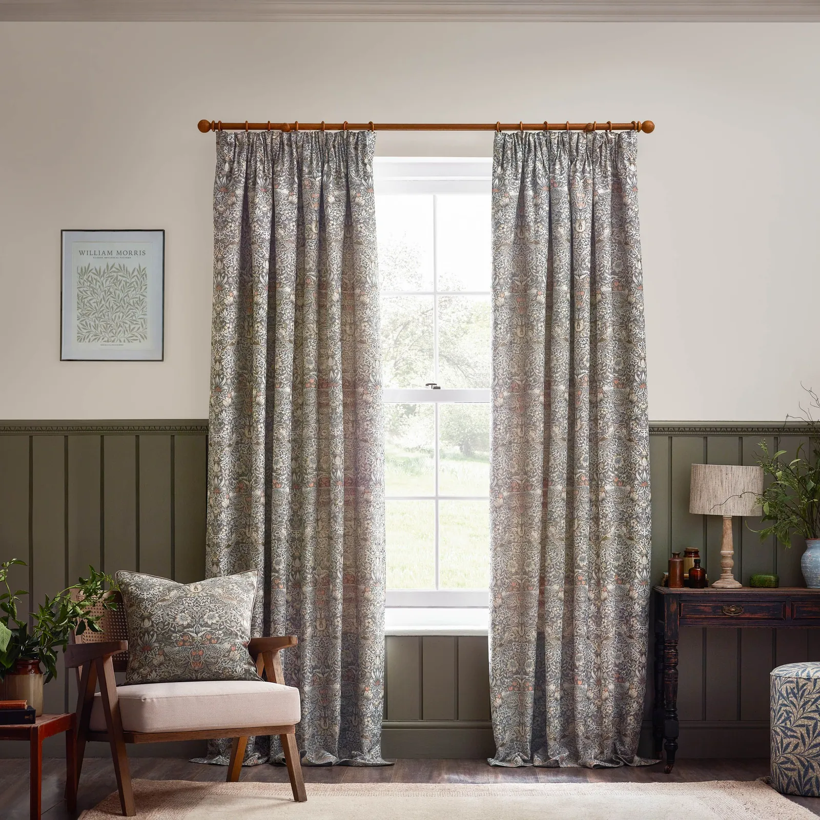 Morris & Co Strawberry Thief Jacquard Floral Room Darkening Pencil Pleat Curtain Pair in Beige 2