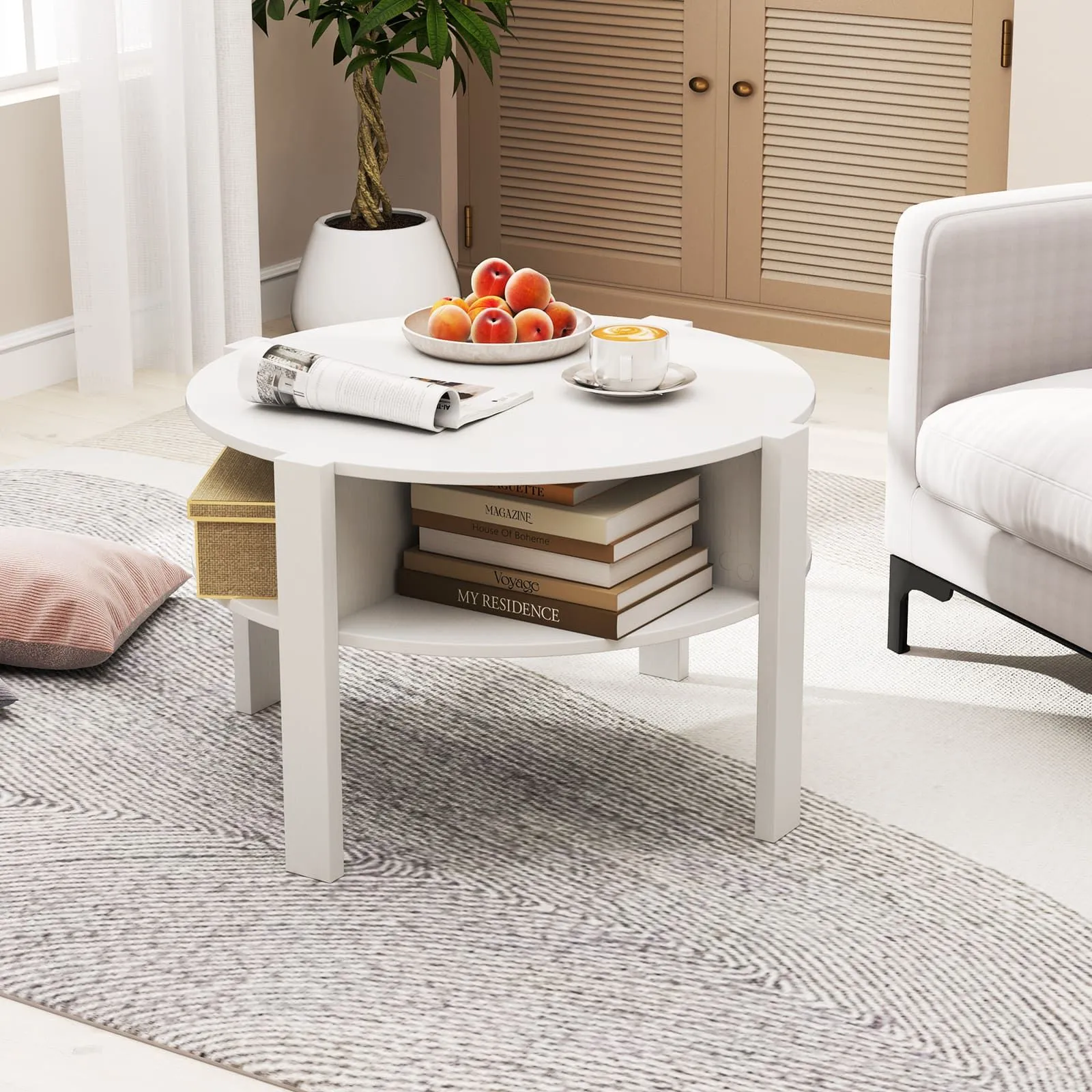 Costway 2-Tier Round Coffee Table 74cm Tea Cocktail Table w/ Storage in White 4