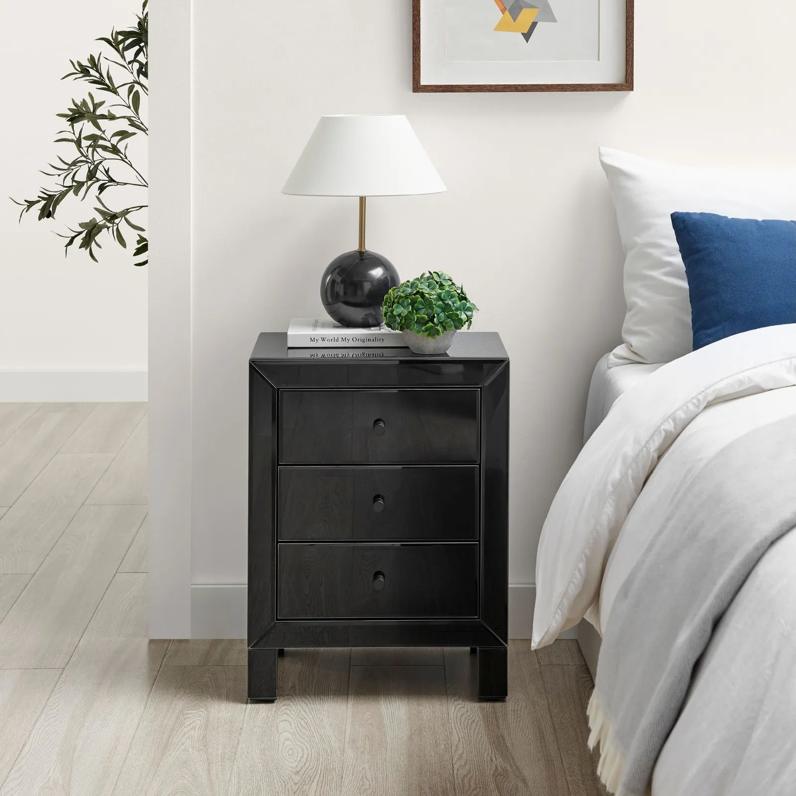 FurnitureboxUK Lexi Large Wooden Bedside Table with 3 Drawers & a Modern Mirrored Finish in Black 2