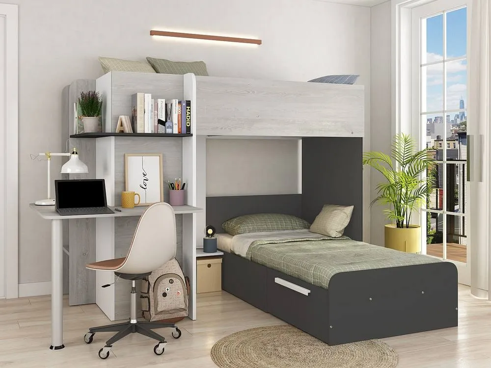 Vente-unique Bunk Beds With Integrated Desk - 2 X 90 X 190 Cm - Grey, White, and in Black