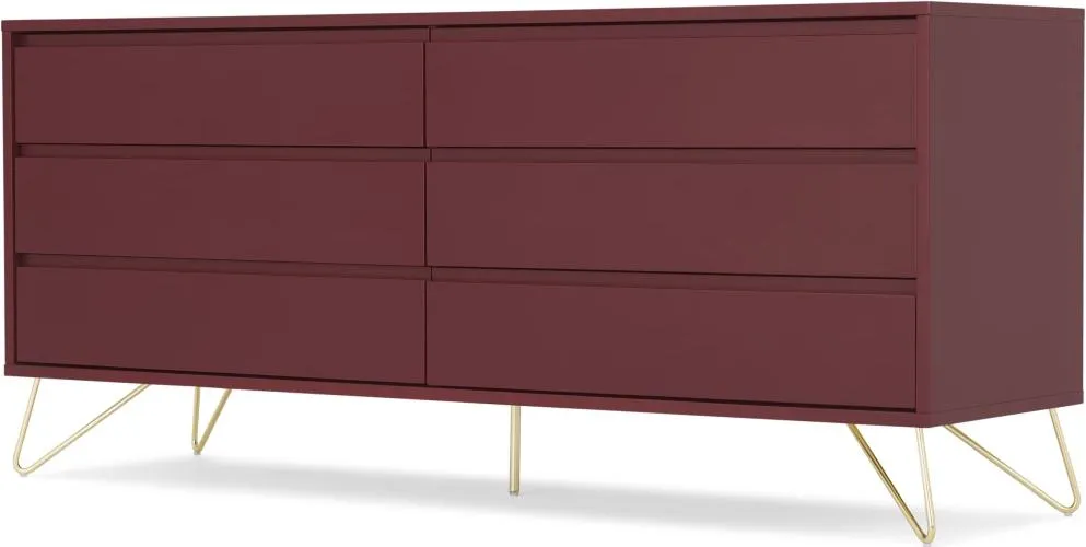 Elona Wide Chest of Drawers, Oxblood Red & Brass