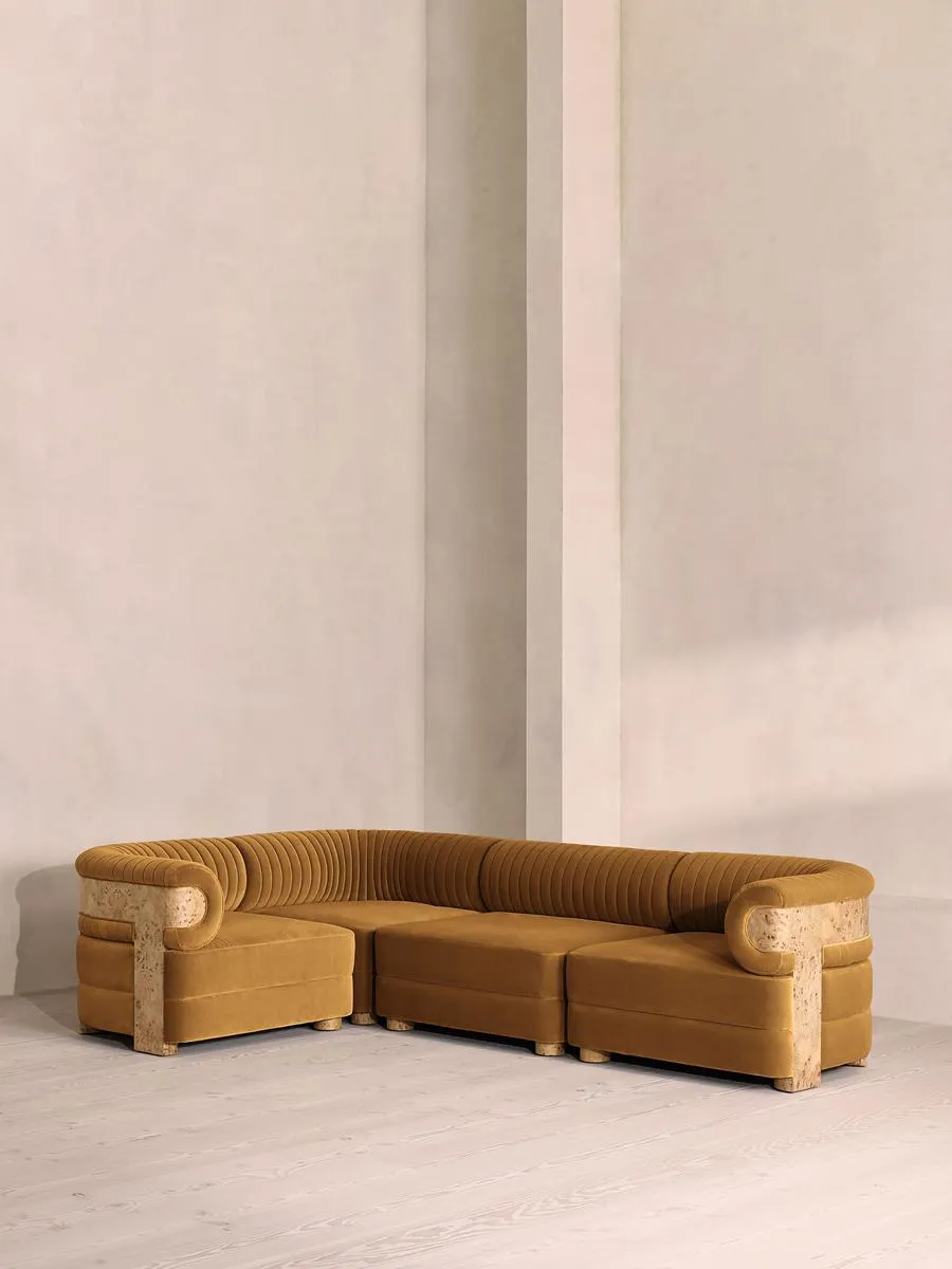 Caleb Modular L-Shape Sofa, Velvet, Mustard, Blonde Burl