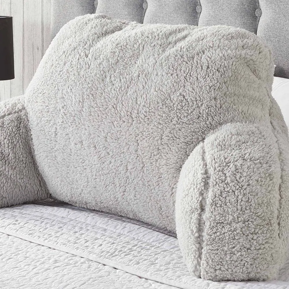 OHS Teddy Fleece Bed Reading Cushion Pillow with Arms Lumbar Support in Silver