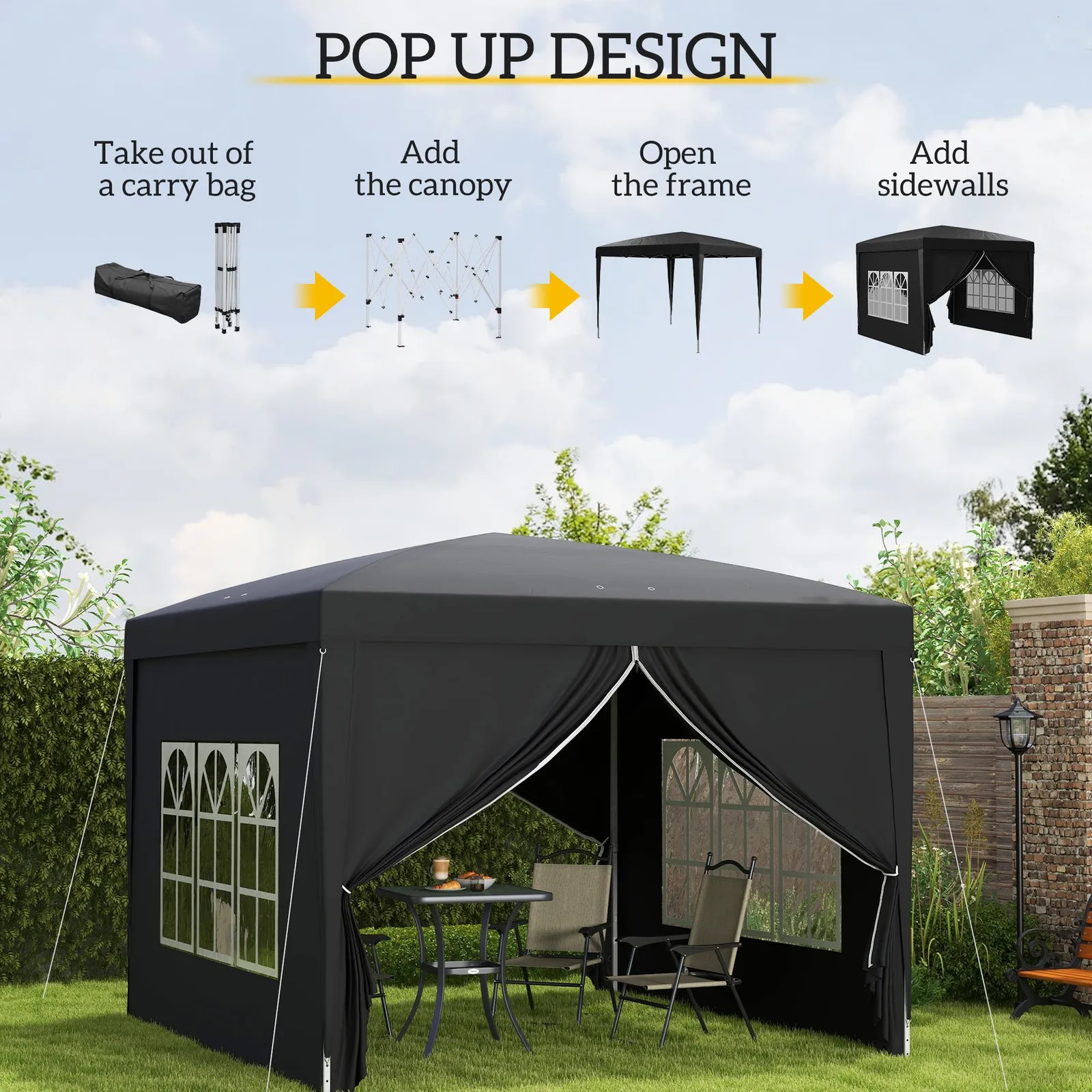 OUTSUNNY 3mx3m Pop Up Gazebo Party Tent Canopy Marquee with Storage Bag in Black 4