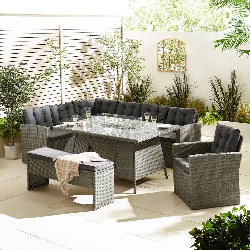 FurnitureboxUK Marbella 9 Seat Rattan Firepit Table Garden Dining Set in Grey 3