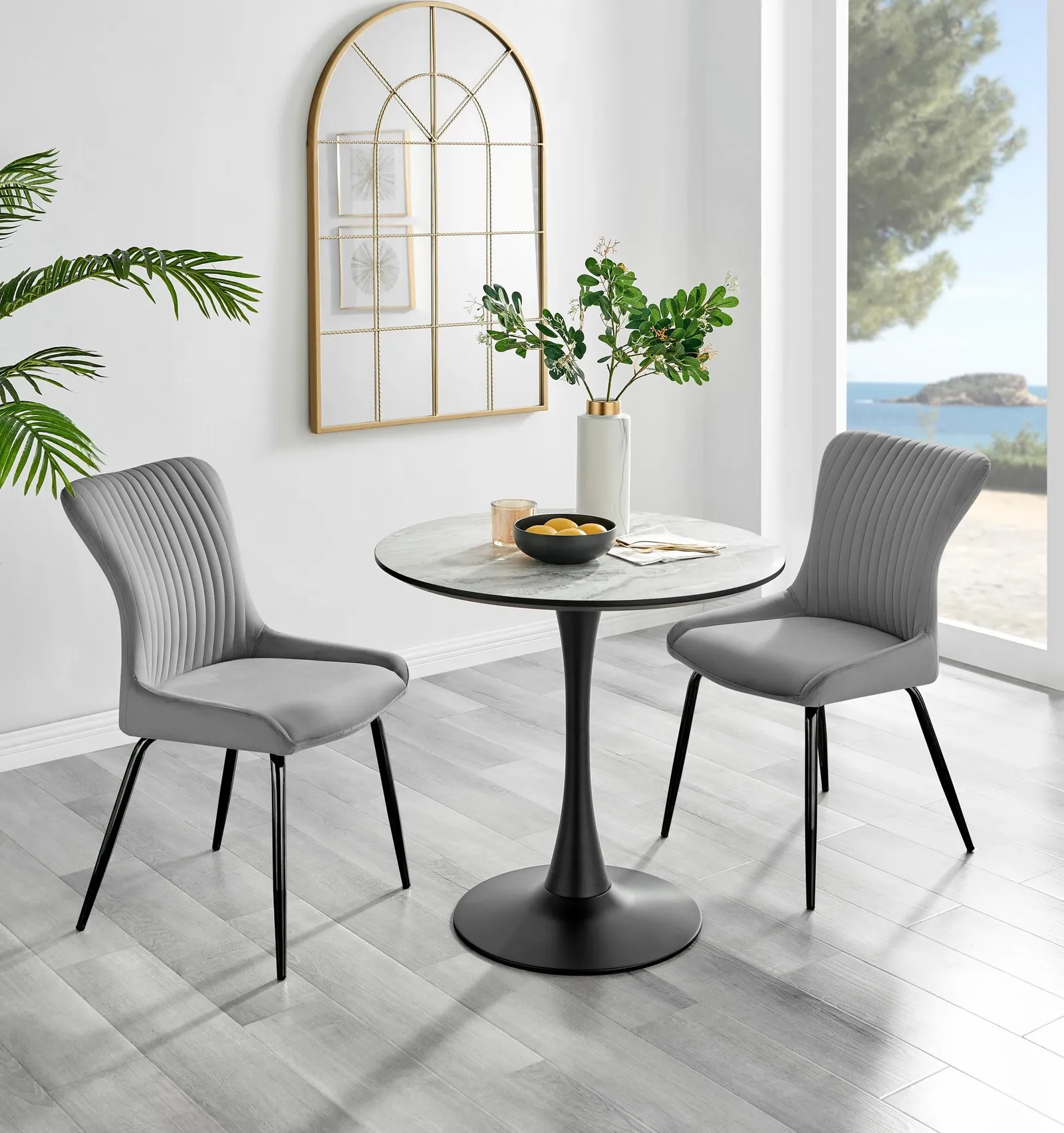 FurnitureboxUK Elina White Marble Effect Scratch Resistant Dining Table & 2 Nora Black Leg Velvet Chairs in Light Grey 1