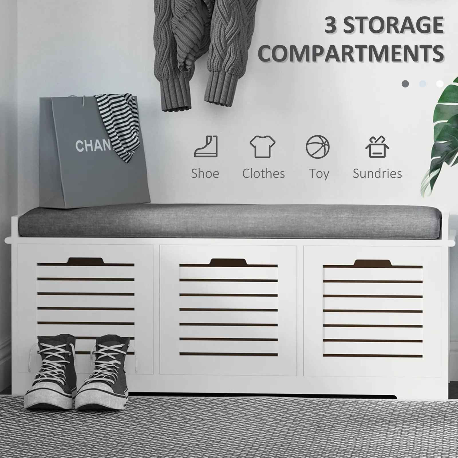 HOMCOM 3 Door Shoe Storage Bench with Cushion Seat Slatted Door Elevated Base in Grey 4