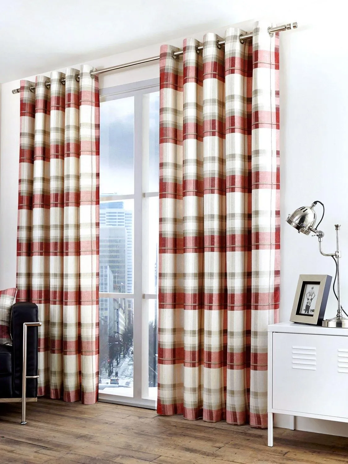 Fusion 'Balmoral Check' Country Checked Pattern Pair of Eyelet Curtains in Scarlet 3