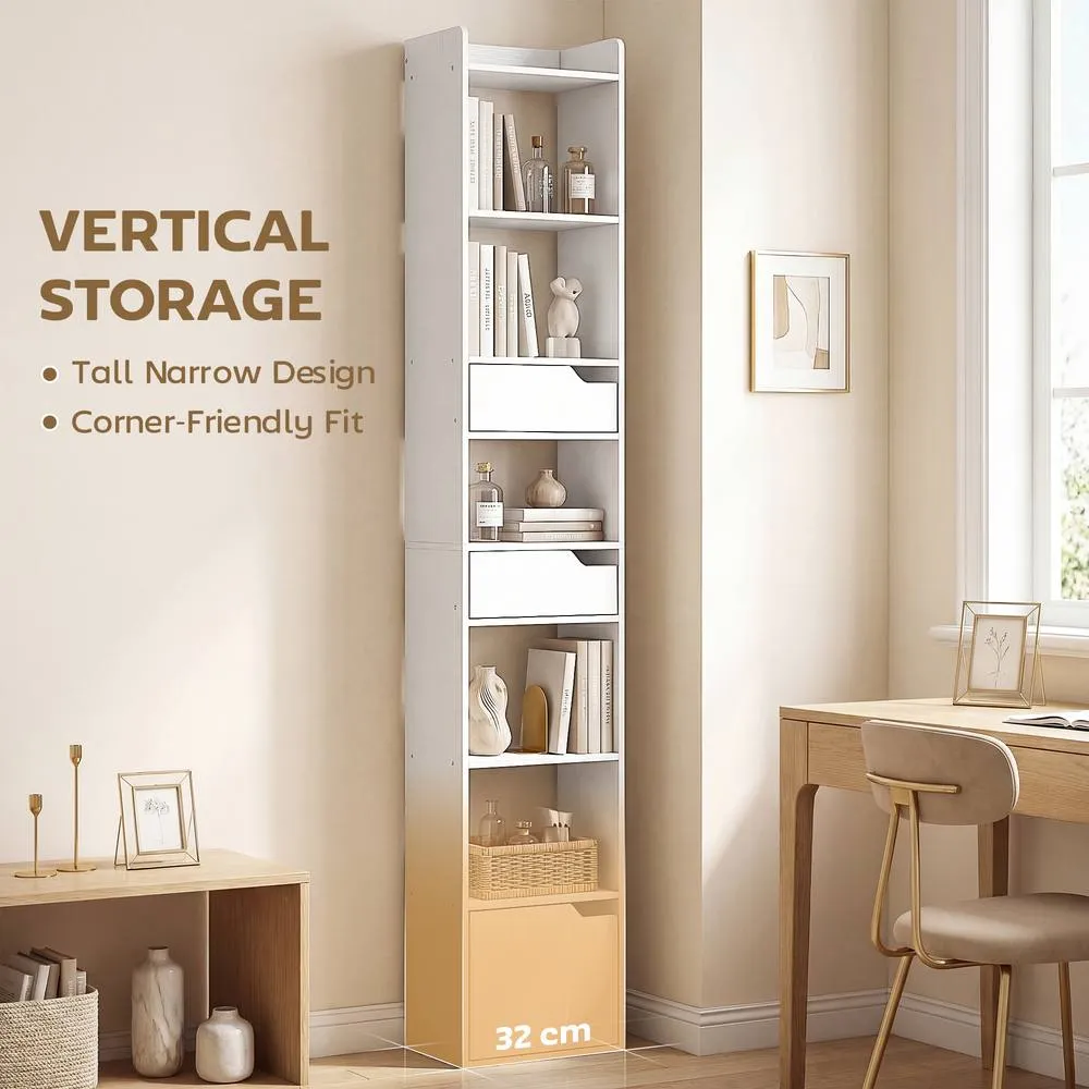 HOMCOM Bookcase Tall Narrow with 5 Tiers Drawers White Wood Effect 4
