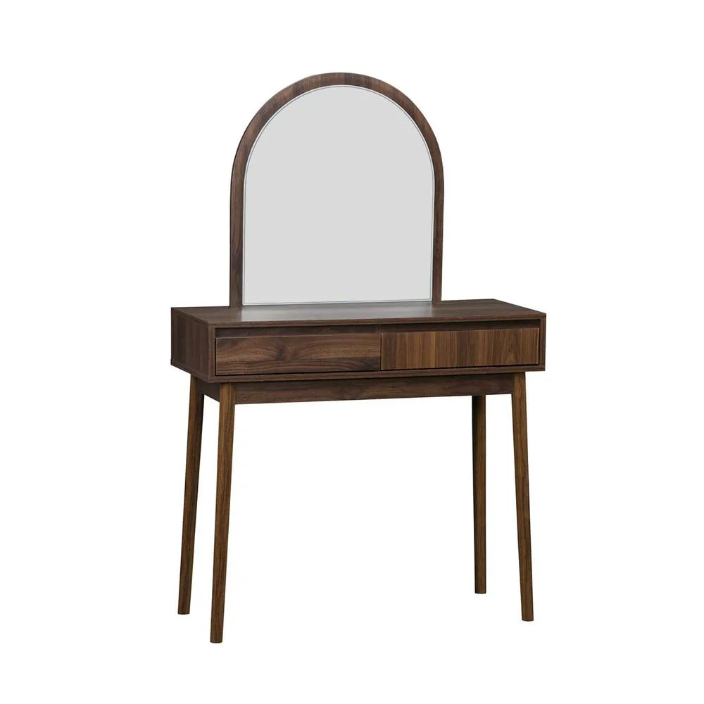sweeek Dressing table with wooden decor & rounded mirror, 2 drawers in Dark Brown 2