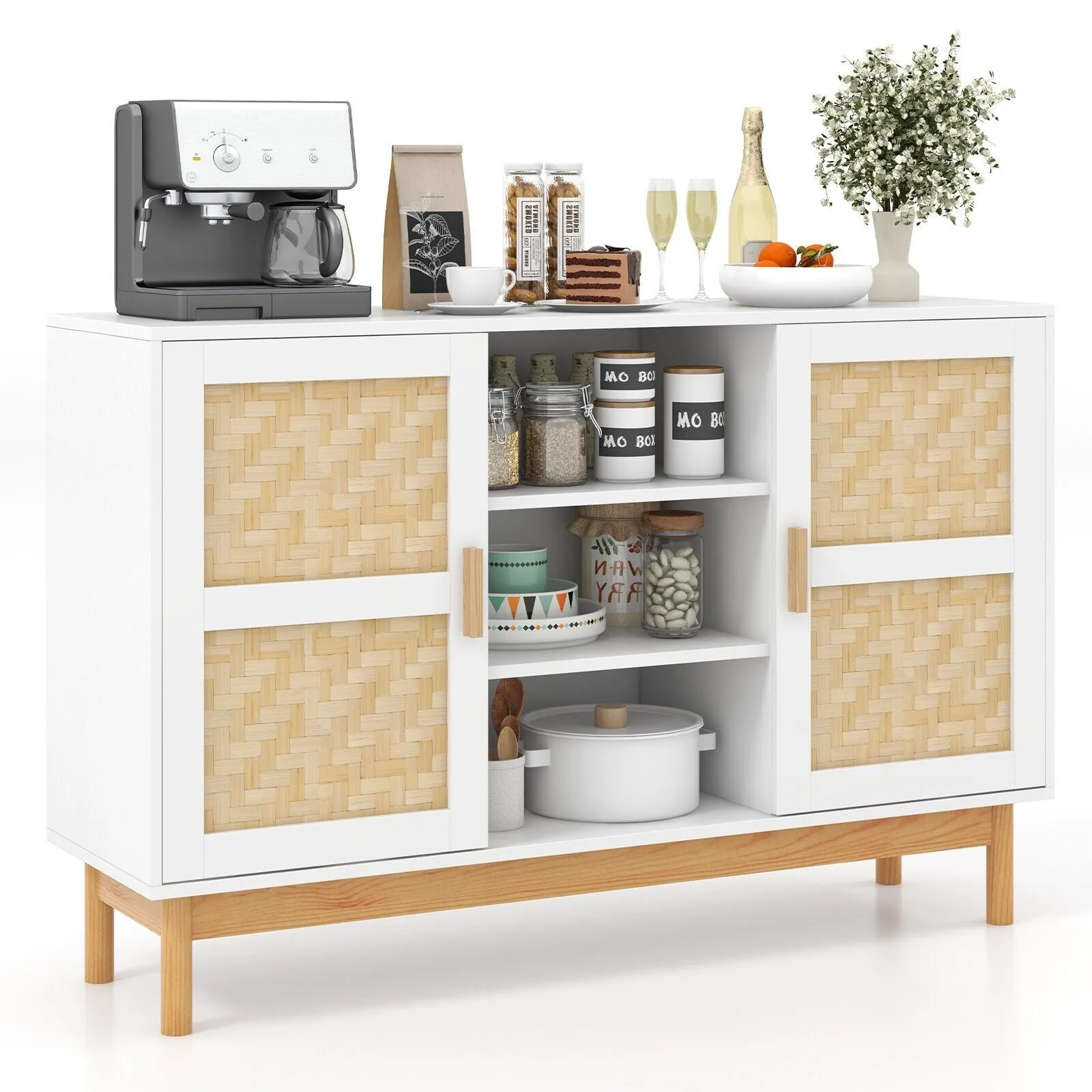 Costway 120CM Sideboard Buffet Cabinet Floor Storage Cabinet w/ 3 Open Shelves in White