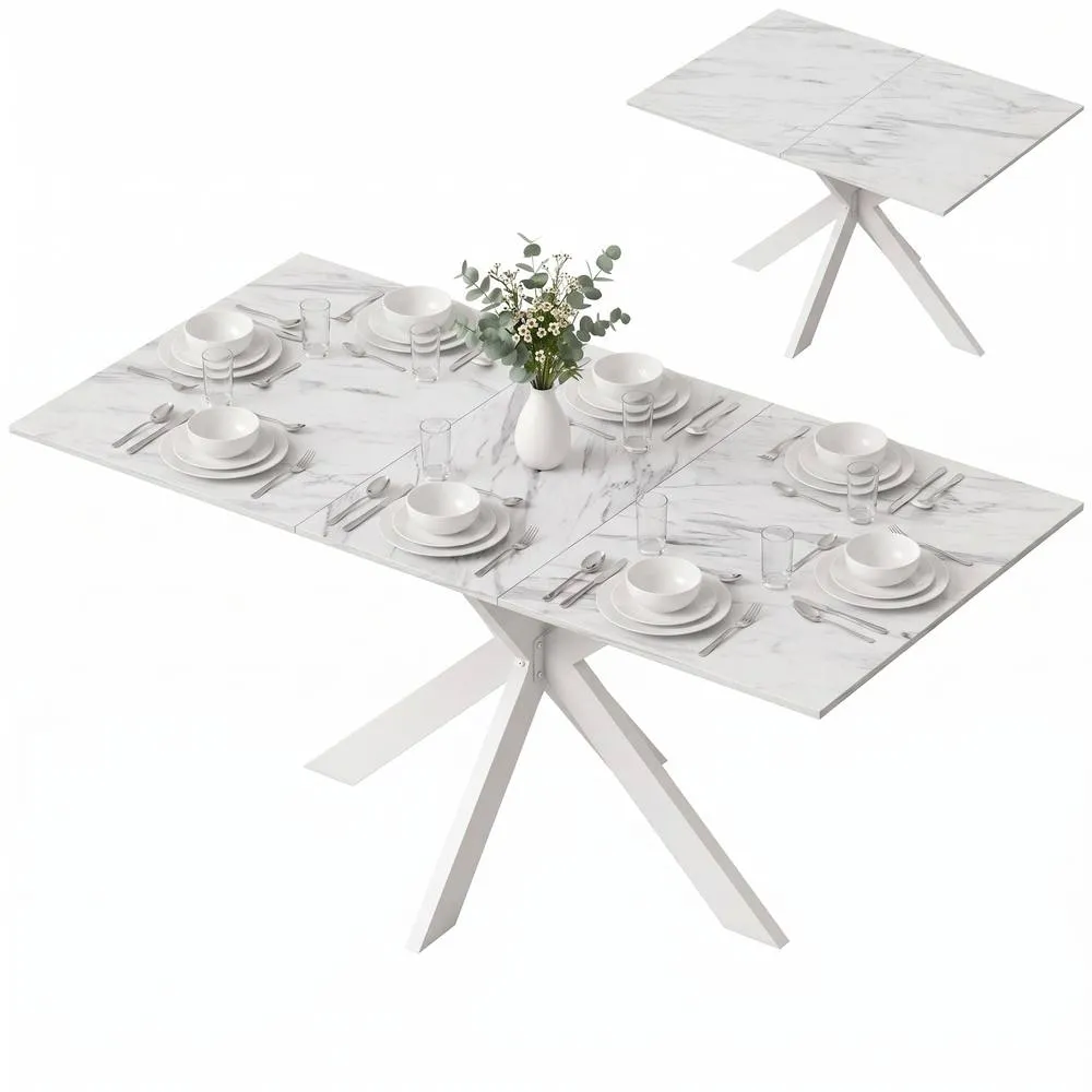 HOMCOM Extendable Dining Table for 4-8 People, Marble Effect in White 1