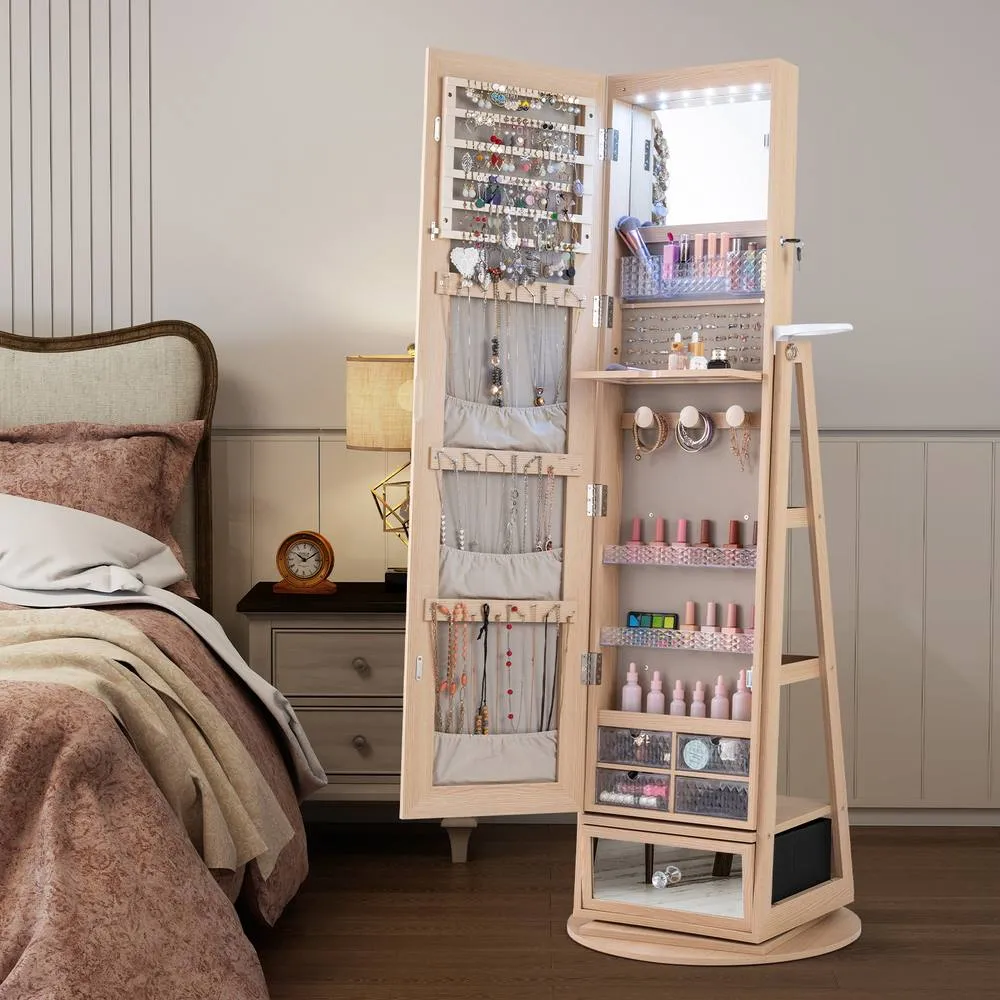 Costway 4 iN 1 Swivel Jewelry Cabinet Lockable Jewelry Armoire in Natural