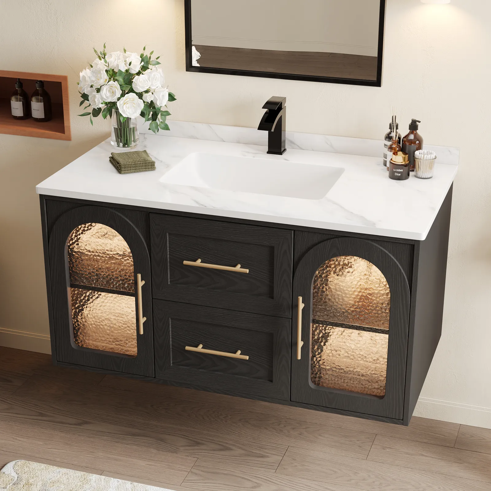 1070mm Arune Black Bathroom Vanity with Arched Glass Doors, Drawers and Light