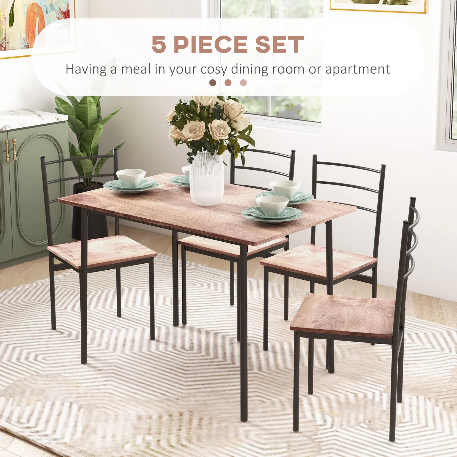 HOMCOM 5pc Dining Room Sets, Space Saving Dining Table & 4 Chairs, Steel Frame in Brown 4