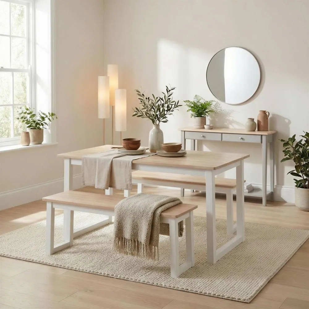 FurnitureboxUK Tobermory Whitewashed Wood Dining Table & 2 Benches in White
