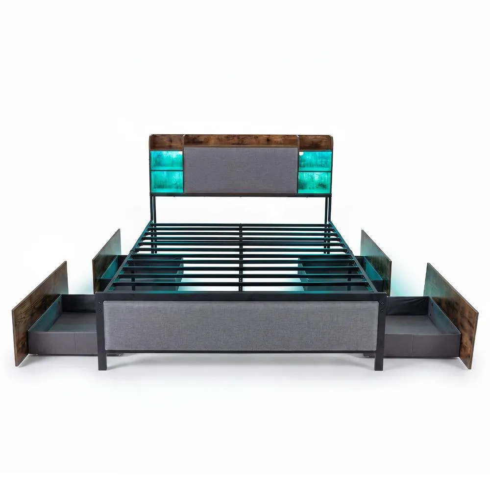 Costway Double Size Bed Frame Platform Bed w/ LED Lights & Charging Station in Brown 2
