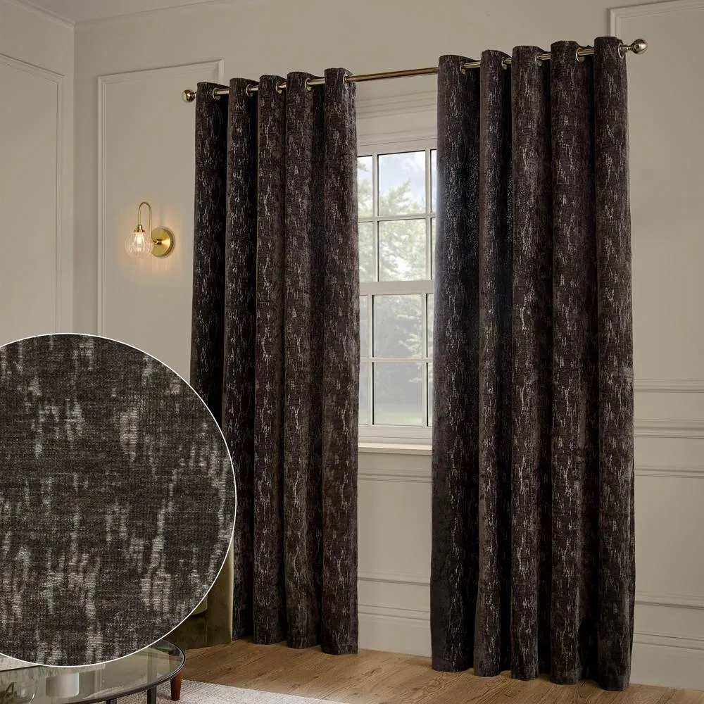 Paoletti Aurelio Chenille Lined Eyelet Curtain Pair Charcoal 117Cm Width 137Cm Drop, Grey