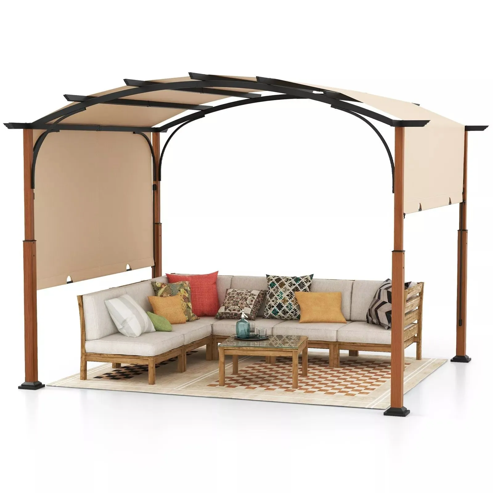 Costway 300x360cm Retractable Pergola Arched Patio Pergola Outdoor Metal Gazebo in Beige