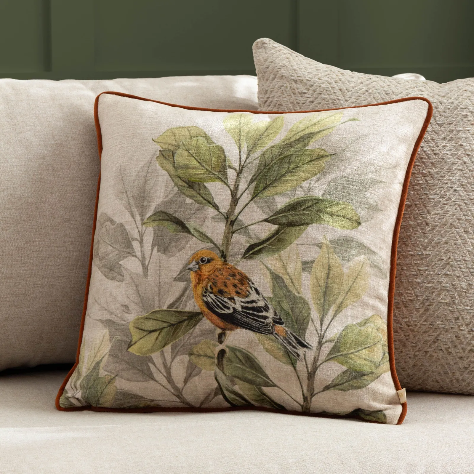 Wylder Nature Kielder Forest Swinley Bird Chenille Piped Cushion