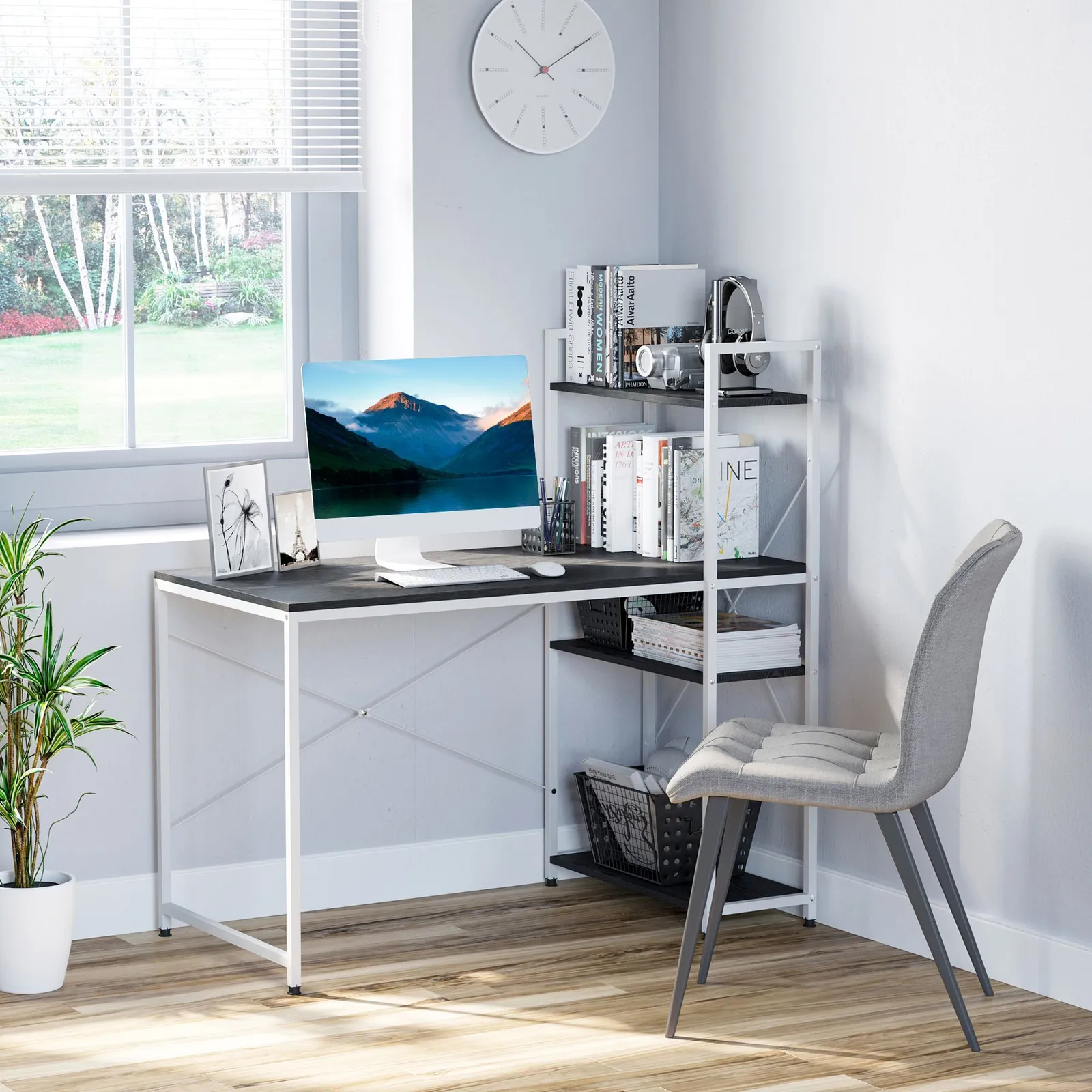 HOMCOM Computer Desk Laptop Table w/4-tier Bookshelf Metal Frame in Black