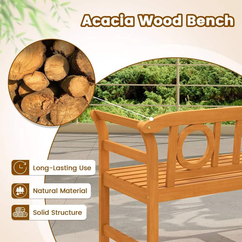 Costway Outdoor Bench Acacia Wood 2-Person Patio Loveseat w/Backrest& Armrests in Natural 4