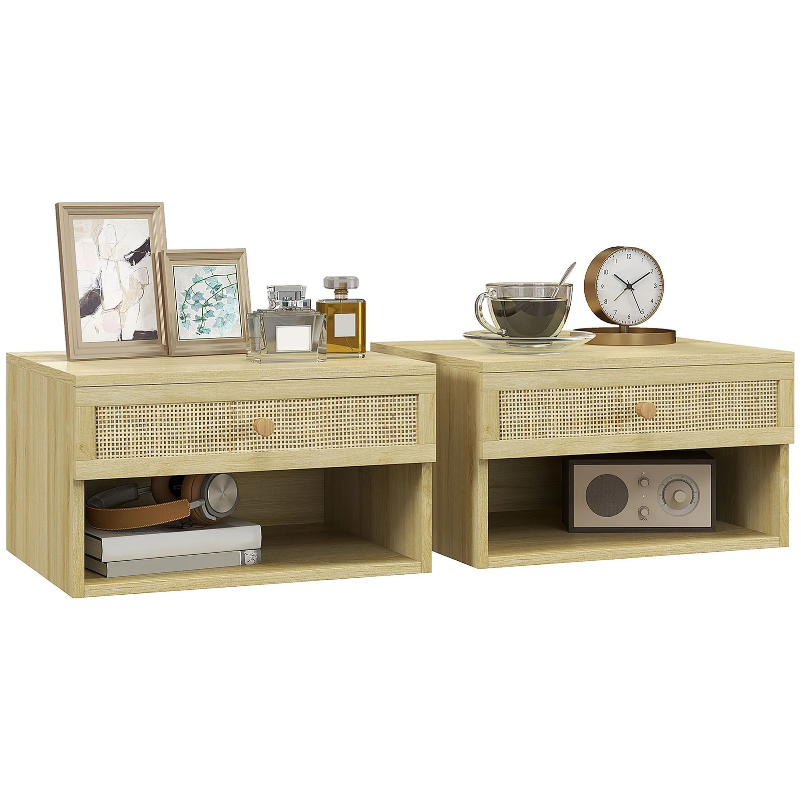 HOMCOM Floating Bedside Tables Set of 2 with Rattan Drawer & Open Shelf in Yellow 2