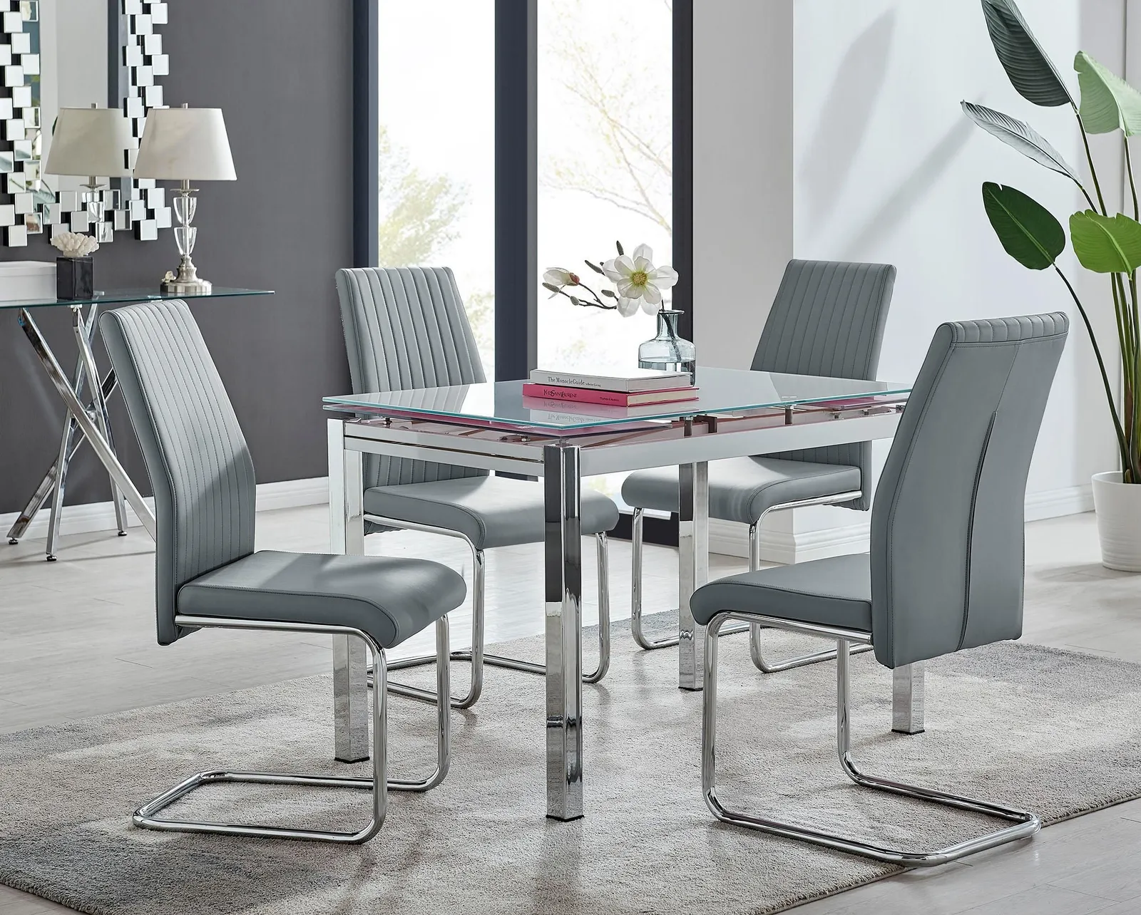 FurnitureboxUK Enna White Glass Extending 4-6 Seater Dining Table & 4 Lorenzo Faux Leather Chairs in Grey 1