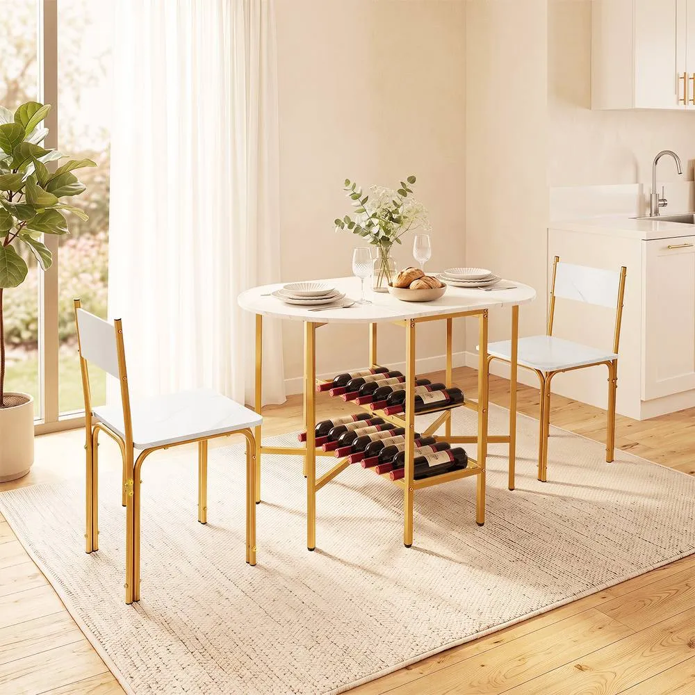Costway 3 Piece Drop Leaf Dining Table Set w/ 2 Chairs Marble Kitchen in White 4