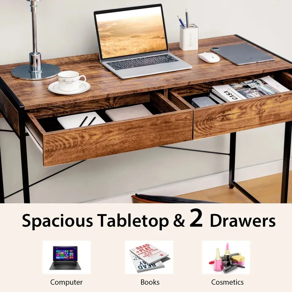 Costway Computer Desk Wooden PC Laptop Table Writing Workstation with 2 Drawers in Brown 6