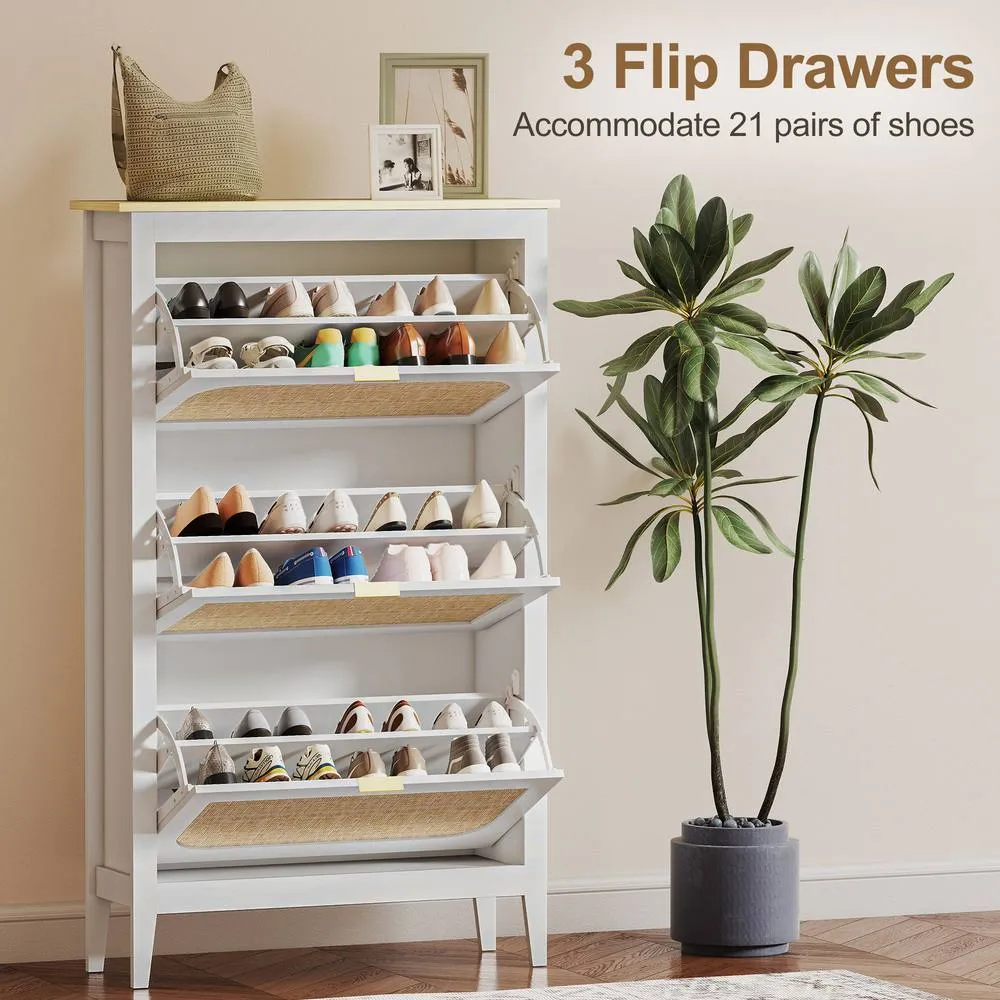 HOMCOM Boho Slim Shoe Cabinet with Rattan Doors, Holds 21 Pairs, White 5