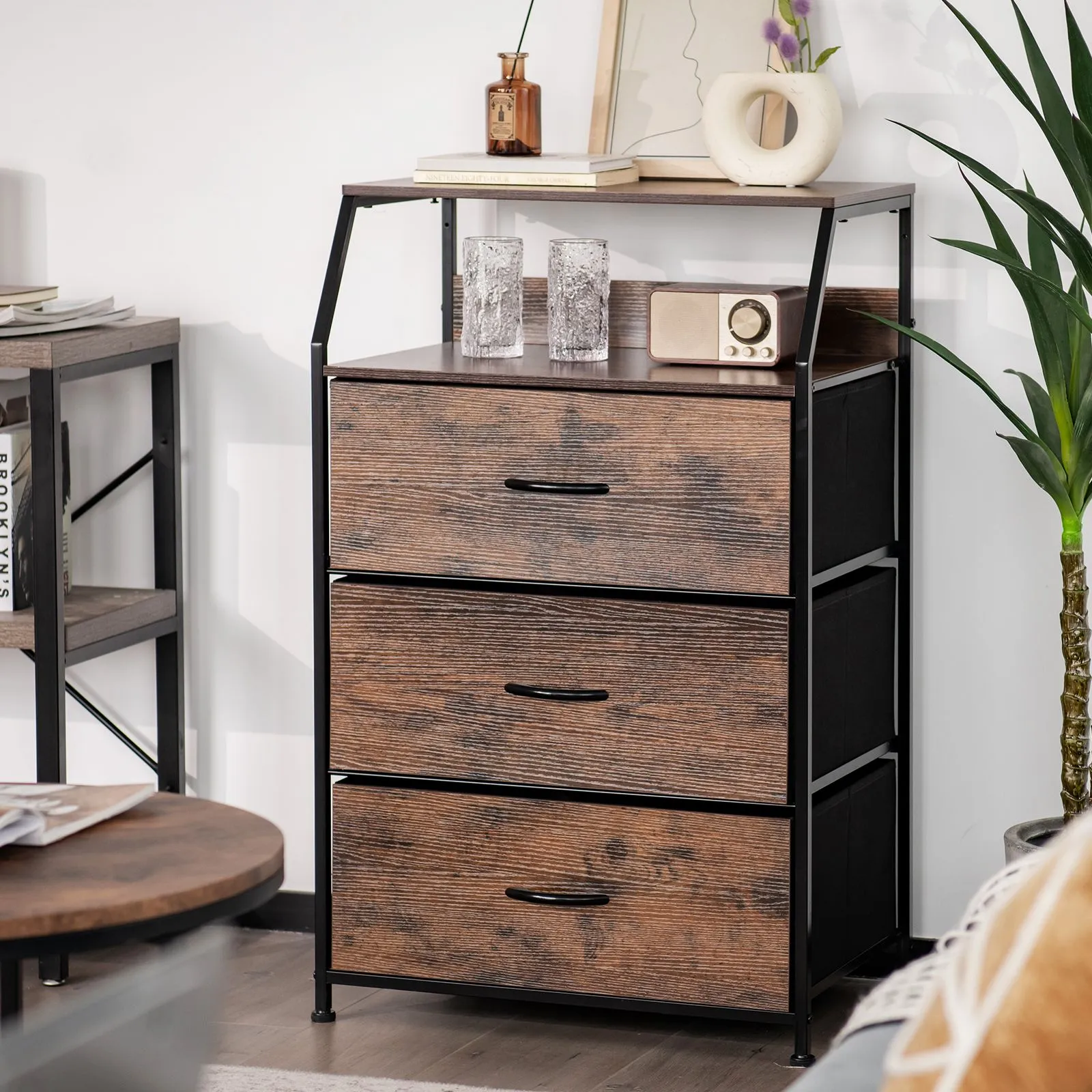 Costway 3 Drawer Dresser with with Top Shelf Foldable Drawer Chest Cabinet in Brown 4