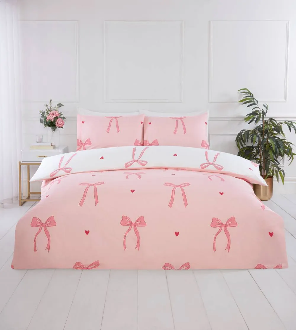Rapport Home Bows Microfibre Duvet Cover Set with Pillowcase in Pink 4
