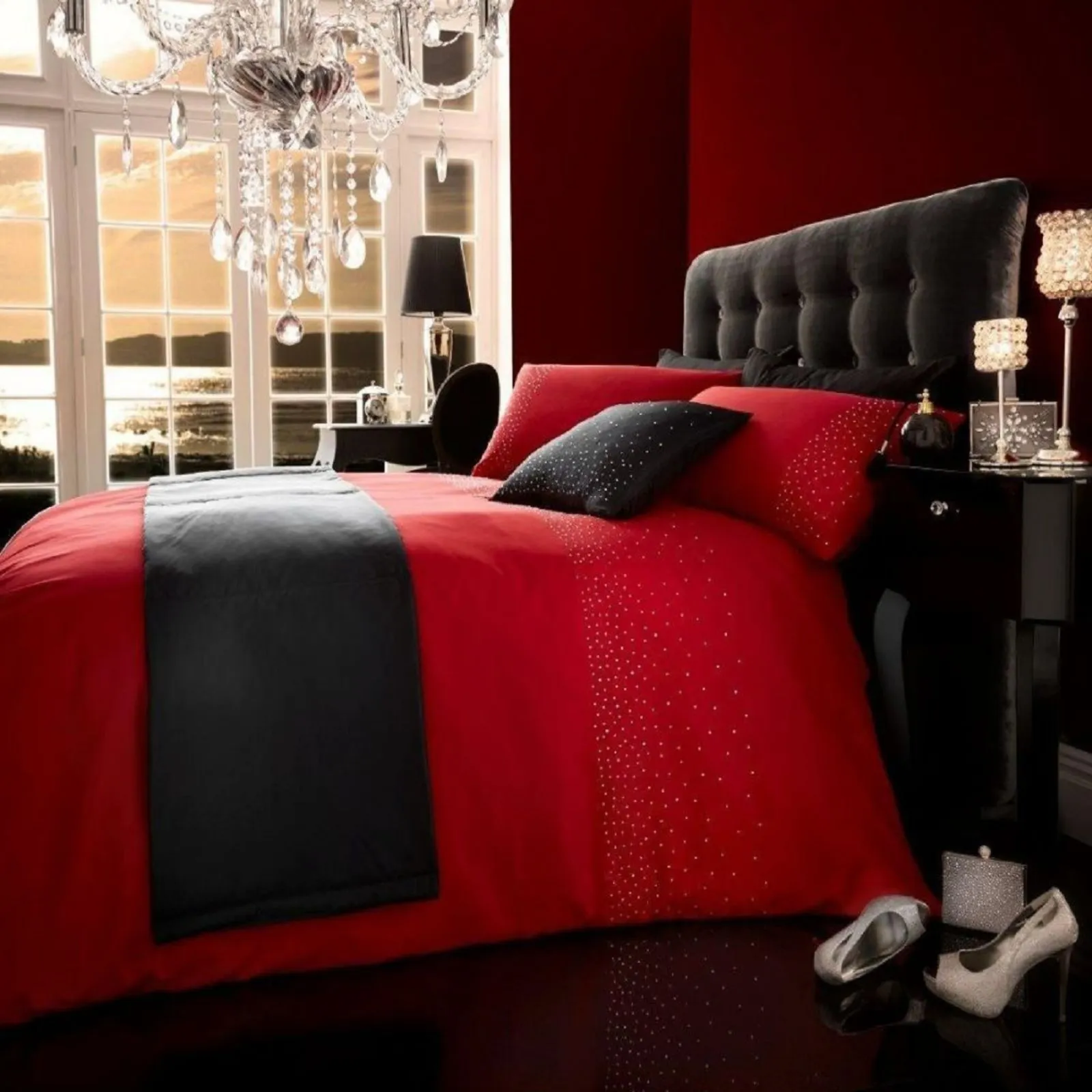 Smart Living Diamante 5PC Complete Bedding Set Duvet Cover, Pillow Pair, Cushion Cover, Bed Runner in Red 2