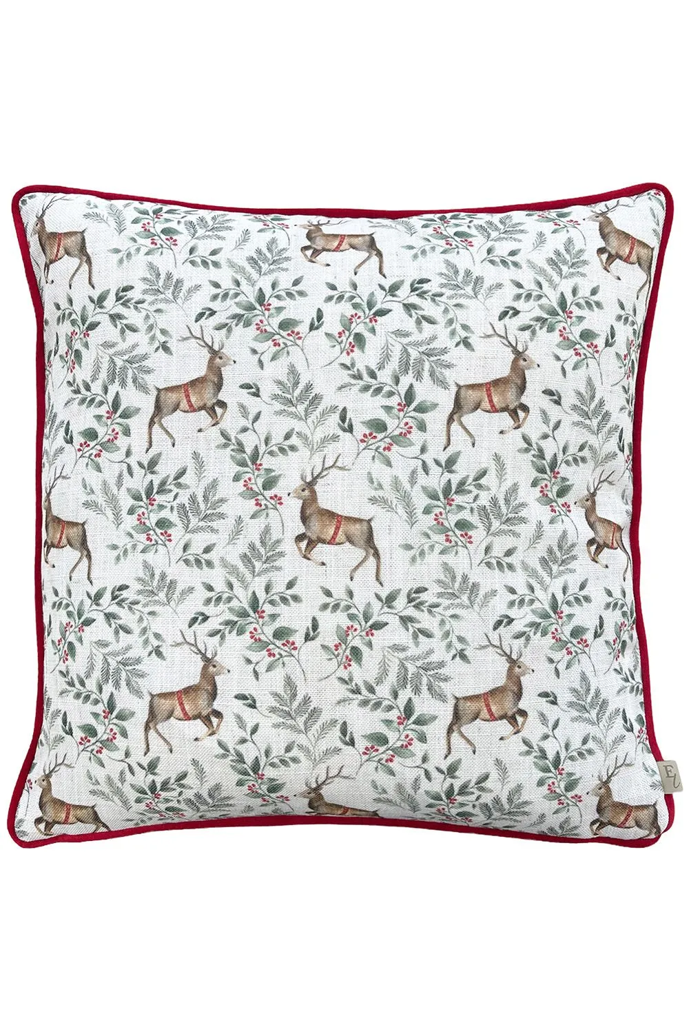 Evans Lichfield Festive Reindeer Repeat Watercolour Printed Piped Cushion in Scarlet