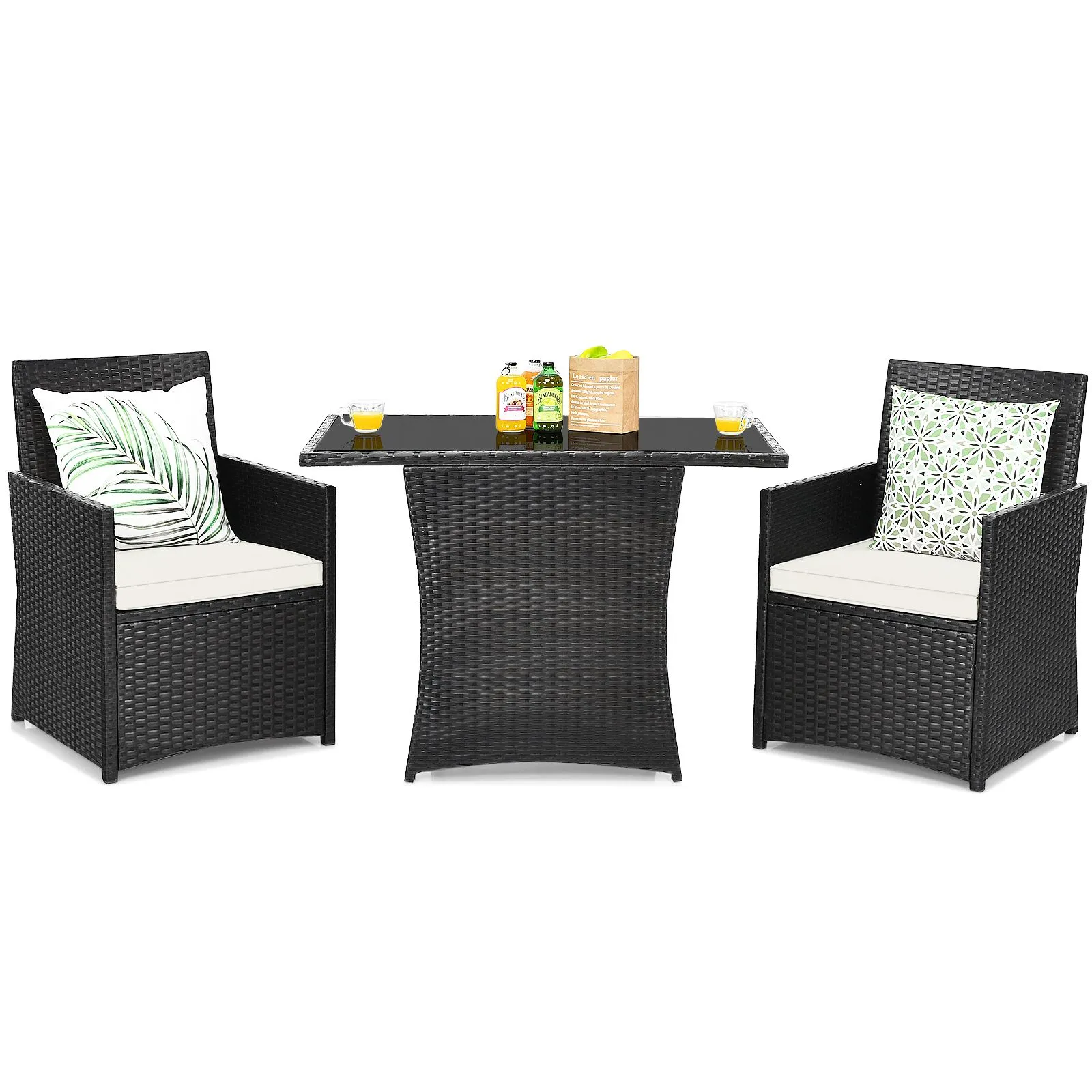 Costway 3 Pcs Patio PE Wicker Set w/ Coffee Table Garden Furniture Set in White