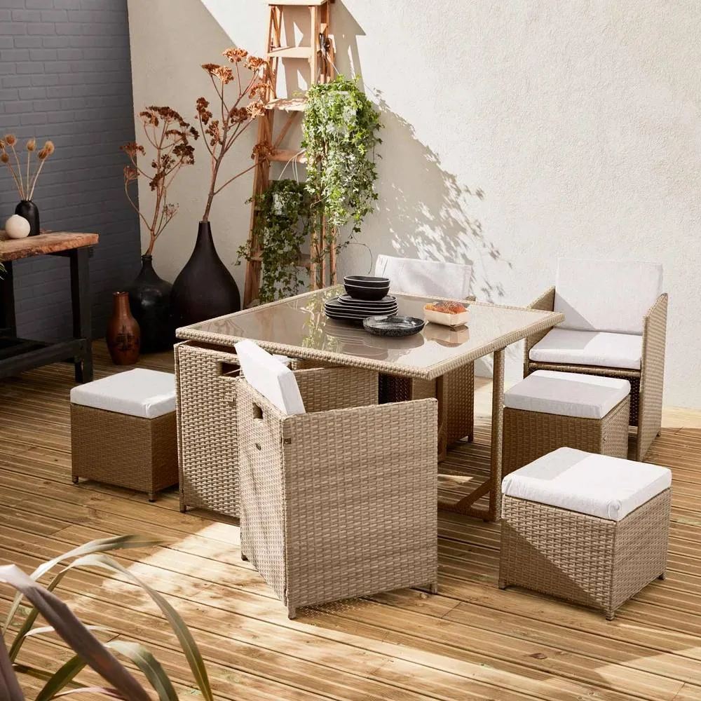 sweeek 4 To 8-seater Rattan Cube Table Set With Chairs in Light Brown