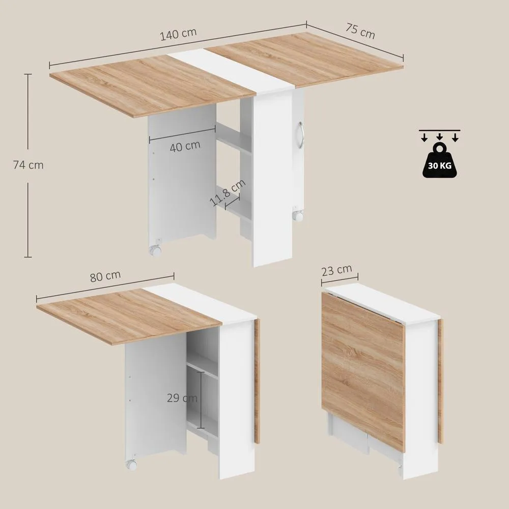 HOMCOM Rolling Drop Leaf Dining Table, Folding Kitchen Table with Shelves in Natural 3