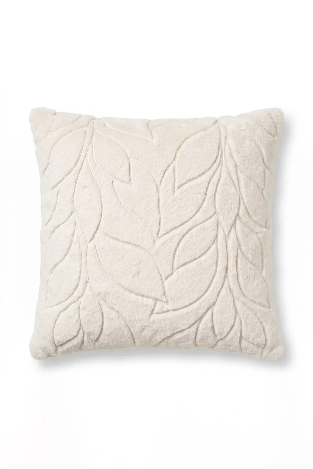 Homescapes Faux Fur Embossed Botanical Leaves Cushion with Cover in Beige
