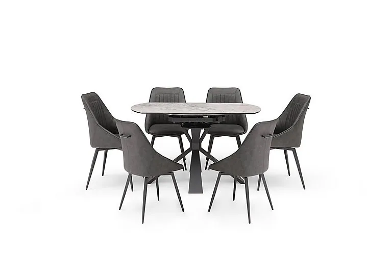 Crete Round Swivel Extending Dining Table and 6 Faux Leather Swivel Chairs