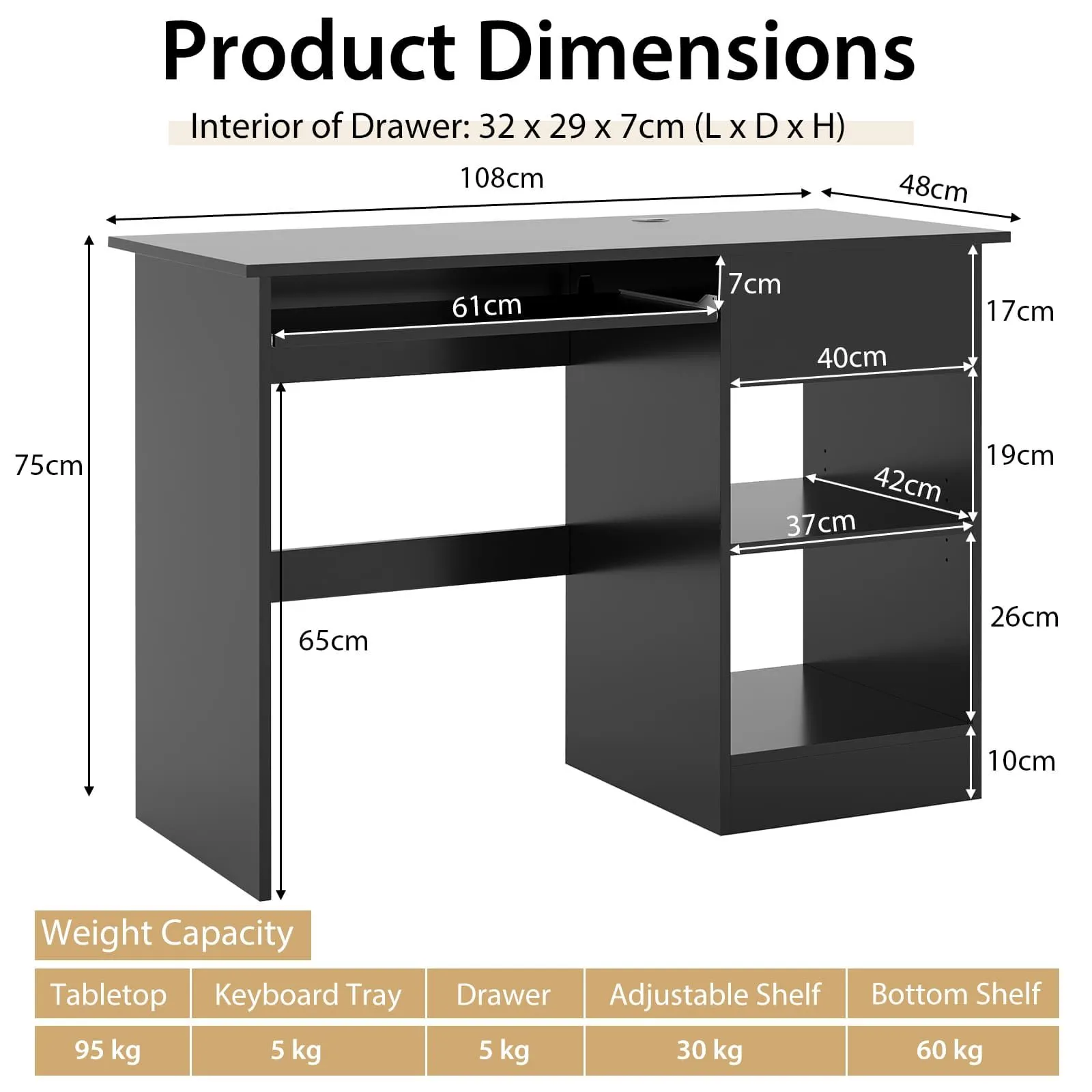 Costway Wooden Computer Desk with Pull-out Keyboard Tray-Black in Black 2
