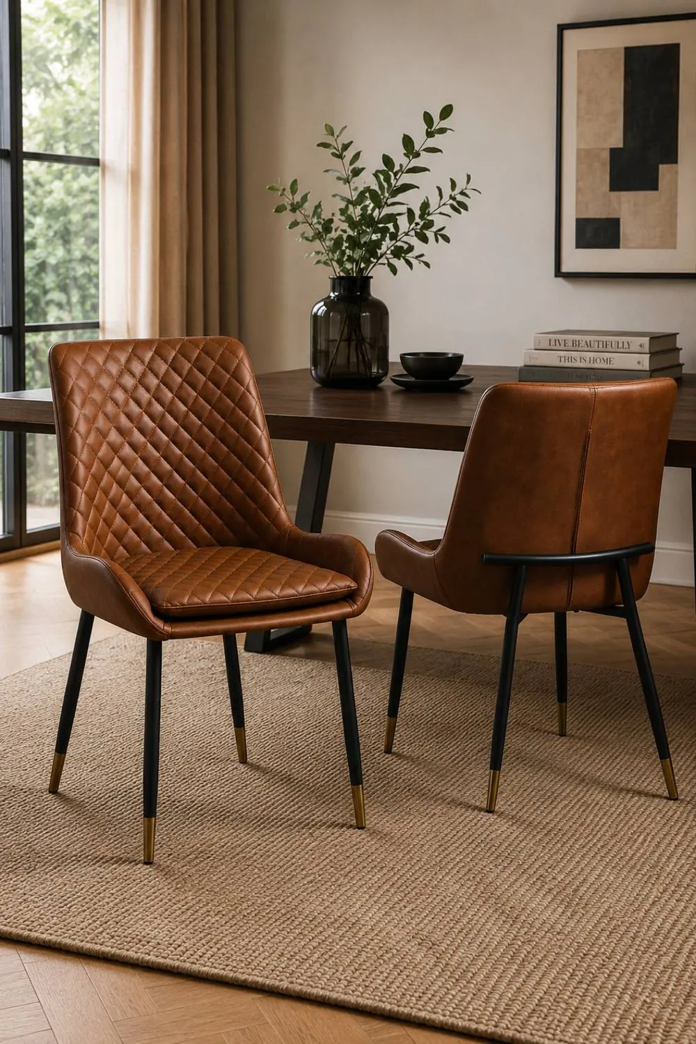IH Design Leather Steel Dining Chairs Set of 2 Tan Diamond Quilted