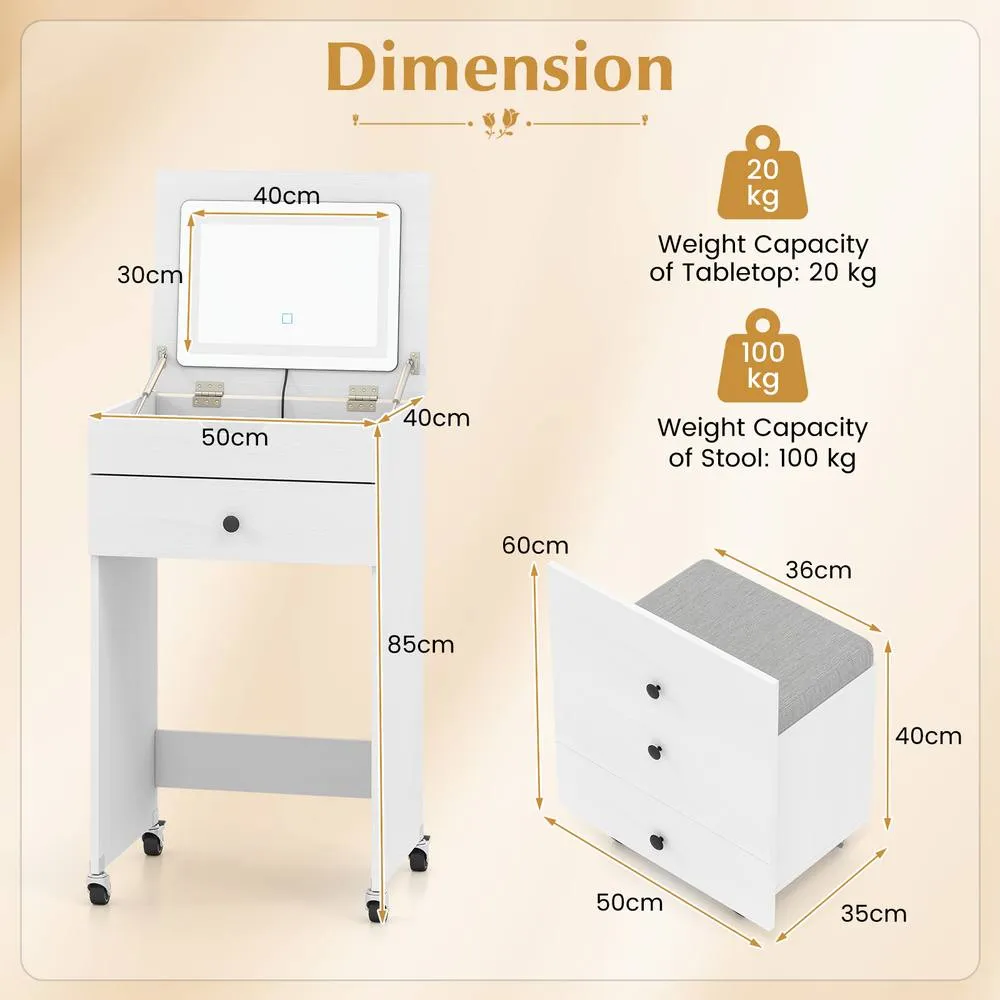 Costway 3-in-1 Vanity Desk Set w/Flip-top Mirror & Lights Makeup Table w/Stool in White 6