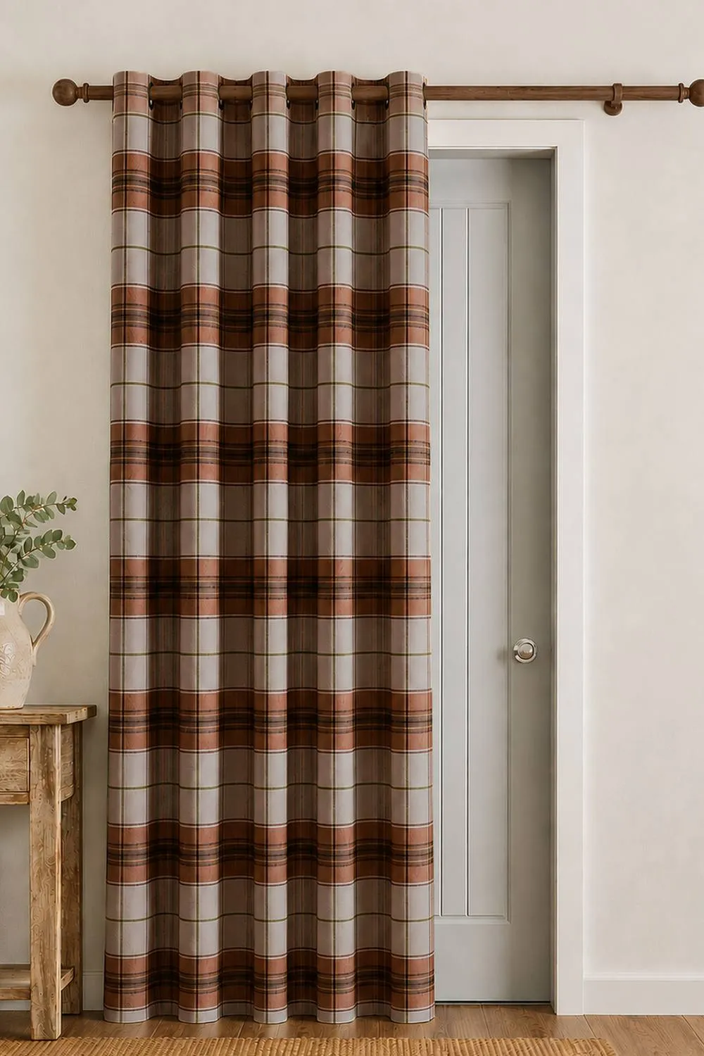 Catherine Lansfield 'Brushed Woven Glencoe Check' Thermal Eyelet Door Panel in Terracotta 1