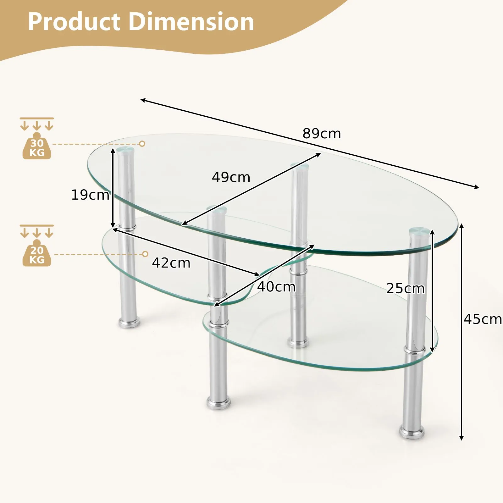Costway 3-Tire Modern Oval Tea Table Smooth Glass Coffee Table Sofa End Side Table in Clear 6