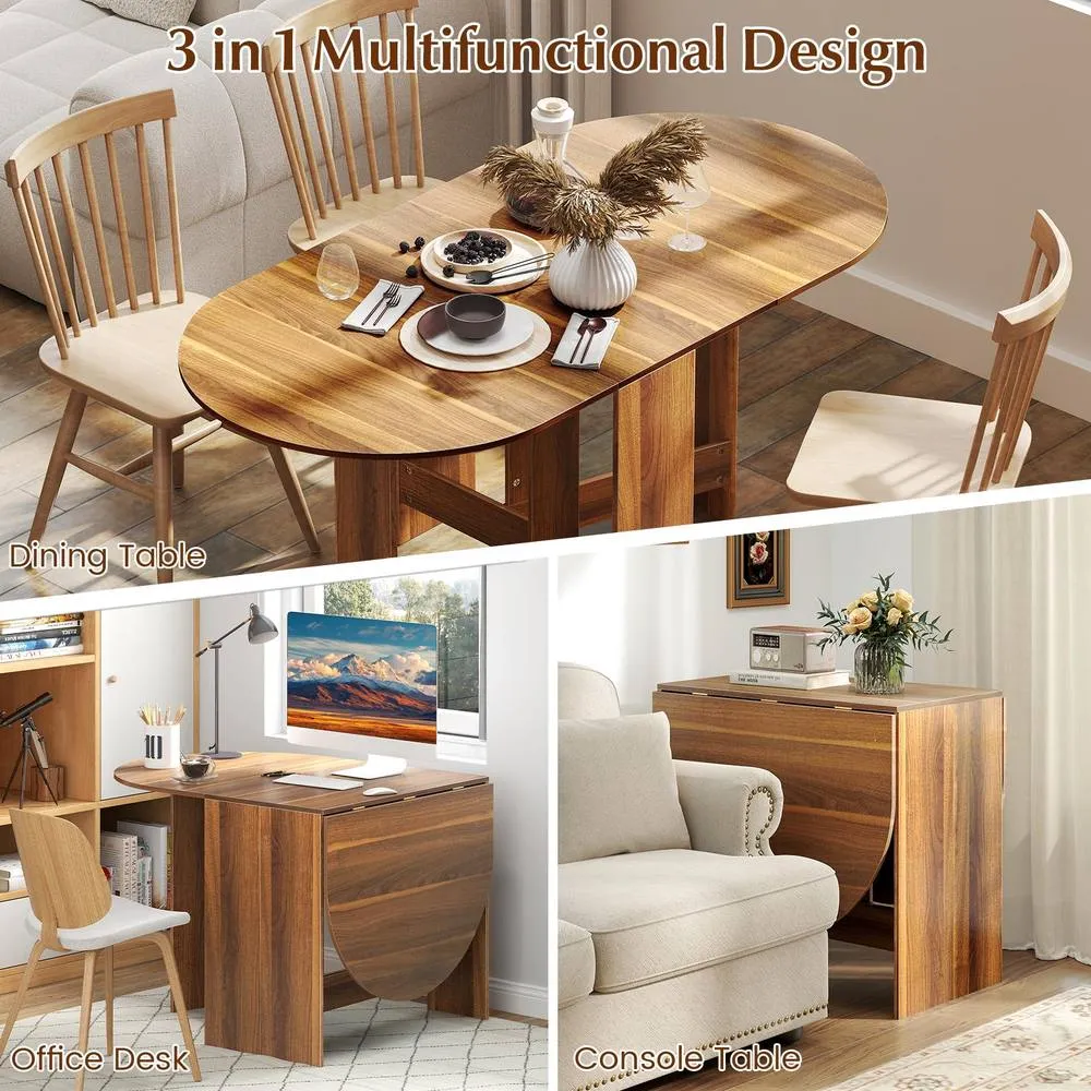 Costway Folding Dining Table 3-in-1 Drop Leaf Table Expandable Writing Desk in Brown 6