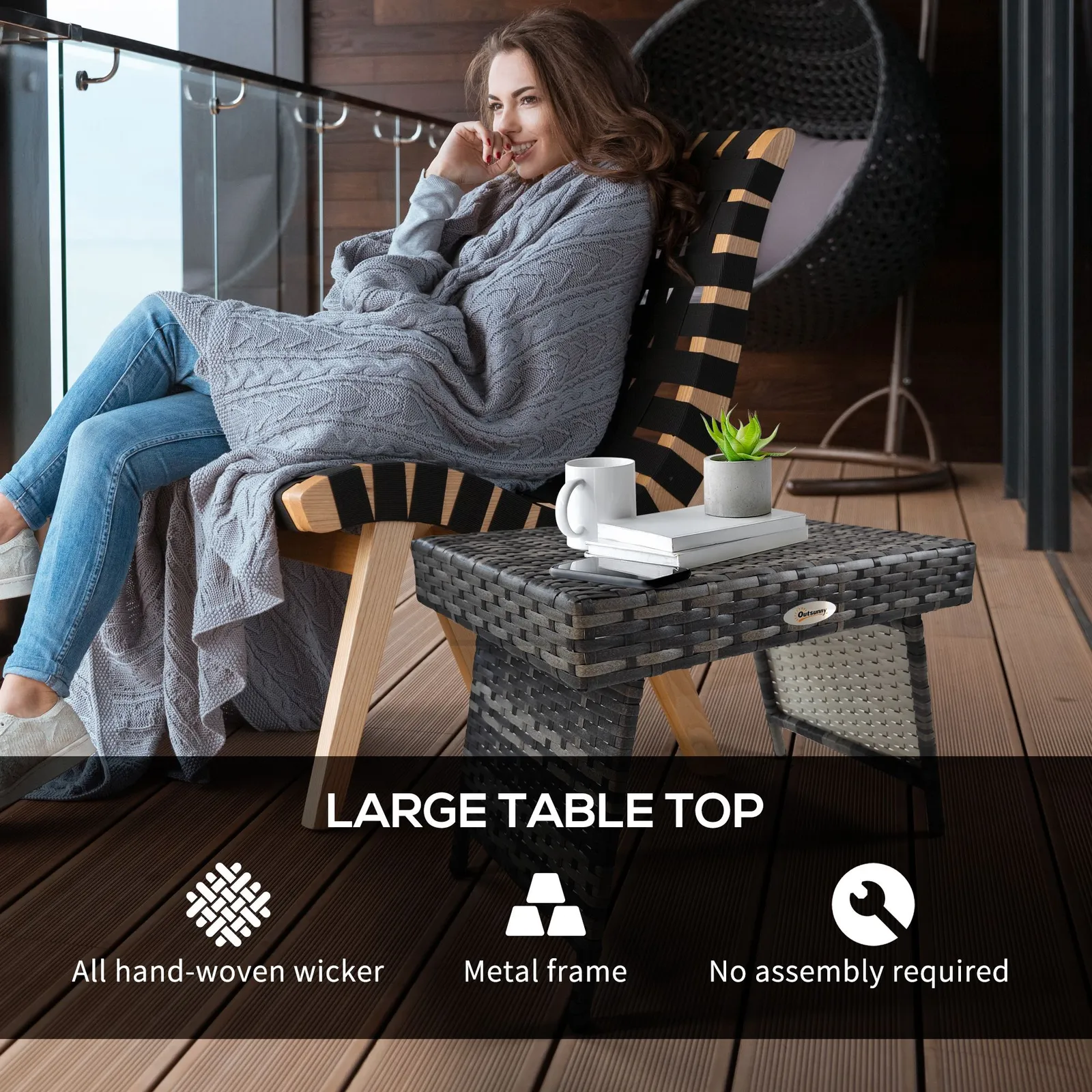 OUTSUNNY Foldable Outdoor Coffee Table, Steel Frame Rattan Side Table in Light Grey 5