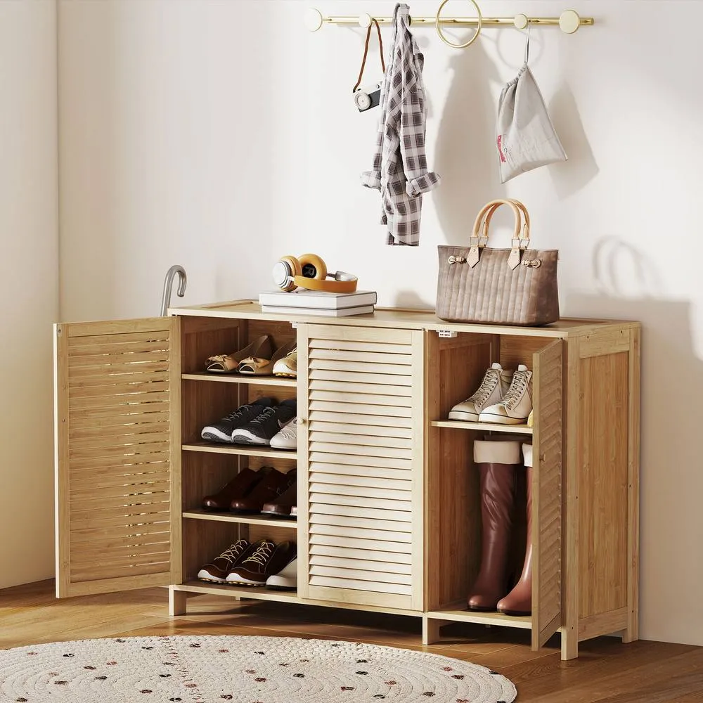 HOMCOM Bamboo Shoe Cabinet with Louvered Doors 18 Pairs Shoe Storage Cabinet in Natural