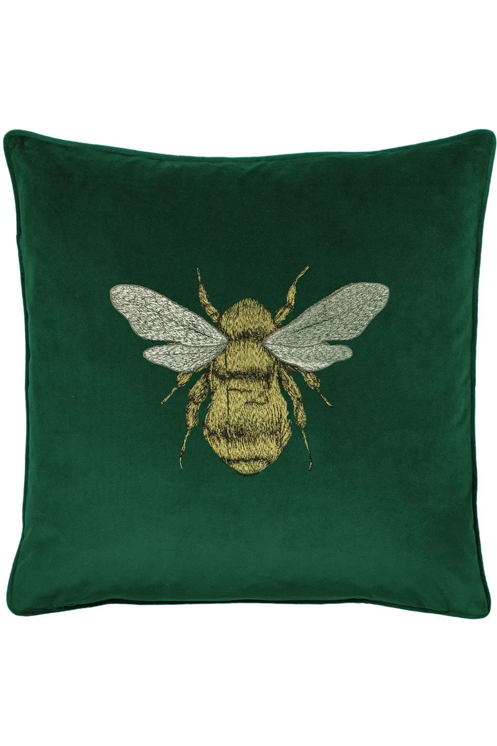 Paoletti Hortus Embroidered Bee Soft Velvet Pipe Trimmed Cushion in Emerald
